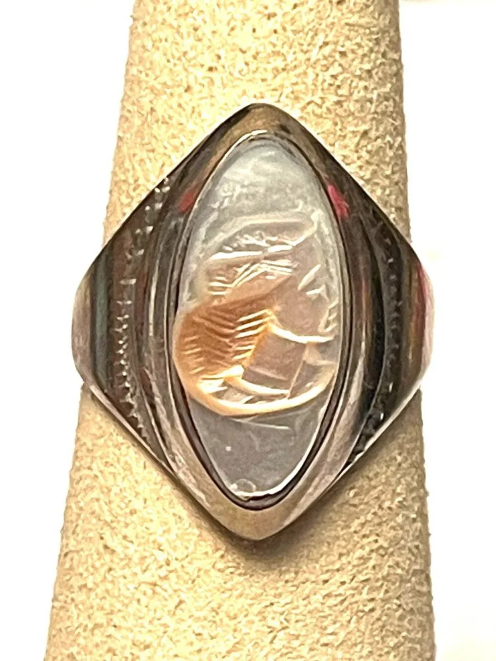 Vintage Silver Signet Ring With Carved Hardstone Intaglio Cameo Woman Right Faci
